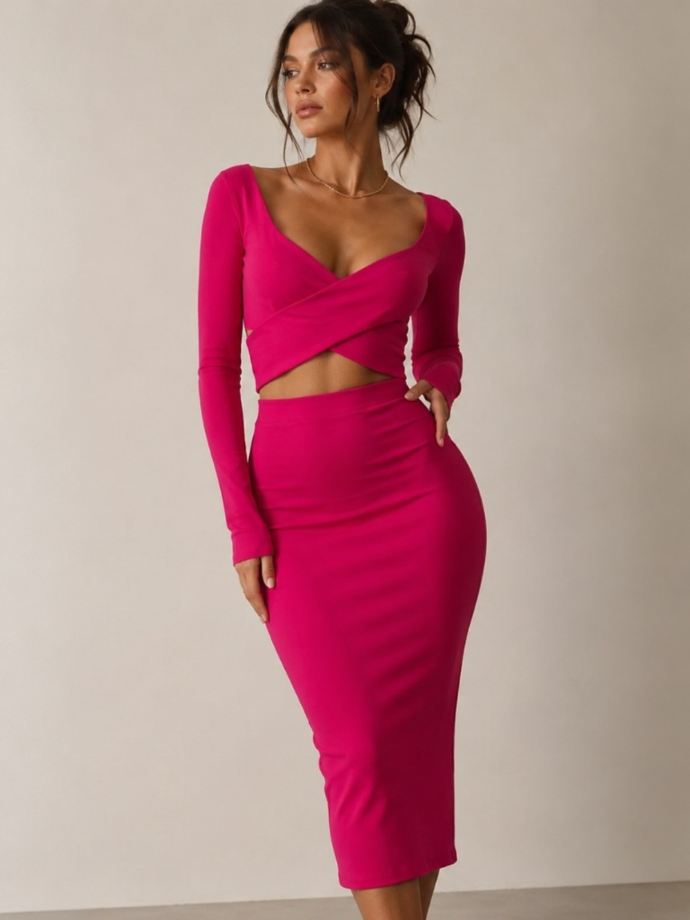 NWT Express Body Contour Matching Set - Cropped Wrap Top & Midi Skirt Size L